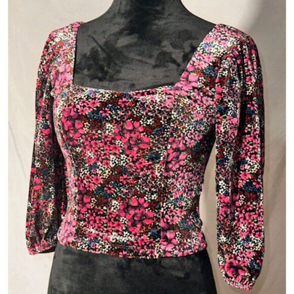 SO Brand Velvet Crop Top, Purple & Pink Poppies, Back Bow, Size Small - Picture 1 of 5